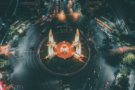 Aerial view of Democracy Monument by night in old town Bangkok Thailandの写真素材