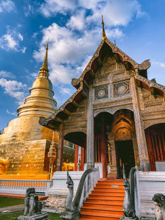 Wat Phra Singh Woramahawihan Gold Temple in Chiang Mai, Thailandの写真素材