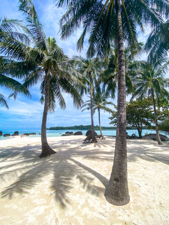 Beautiful tropical island koh Kham, white sand beach with volcanic rocks, near koh Mak, Trat,...