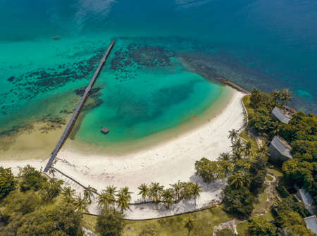 Beautiful tropical island koh Kham, white sand beach with volcanic rocks, near koh Mak, Trat, Thailandの写真素材