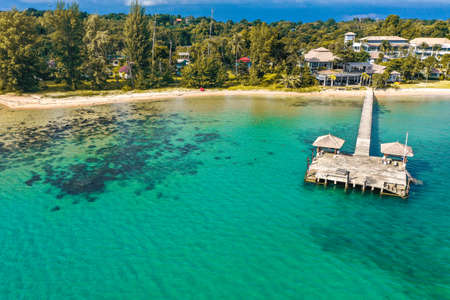 Koh Mak tropical island and its long wooden pier on the sea, near koh Chang, Trat, Thailand