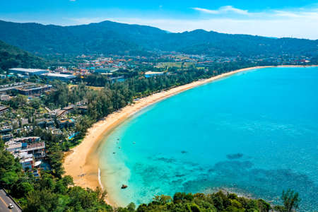 Aerial view of kamala beach at sunset in Phuket in Thailandの写真素材
