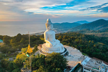 Aerial view of Big Buddha viewpoint at sunset in Phuket province, Thailandの写真素材