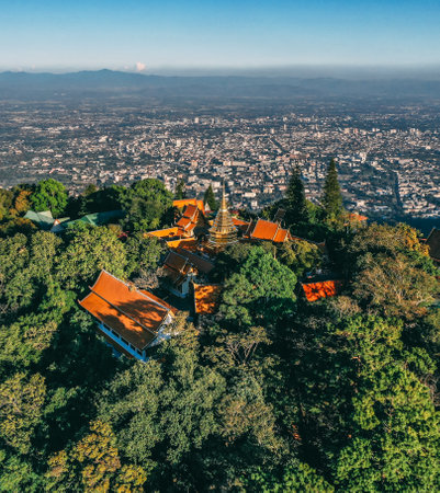 Aerial view of Wat Phra That Doi Suthep temple in Chiang Mai, Thailandの写真素材