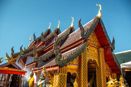Wat Phrathat Doi Kham, Buddha pagoda and golden chedi in Chiang Mai, Thailandの写真素材