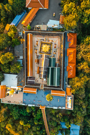 Aerial view of Wat Phrathat Doi Kham, Buddha pagoda and golden chedi in Chiang Mai, Thailandの写真素材