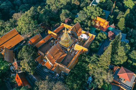 Aerial view of Wat Phra That Doi Suthep temple in Chiang Mai, Thailandの写真素材
