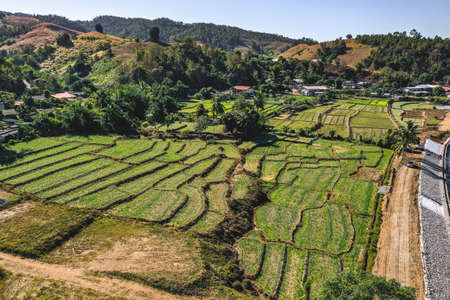 Aerial view of Mae La Noi rice terraces in Mae Hong Son, Thailandの写真素材