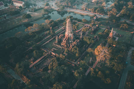 Aerial view of Wat Phra Ram ruin temple in Phra Nakhon Si Ayutthaya, Thailandの写真素材