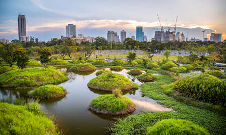 Benjakitti Park or Benchakitti forest park new design walkway in central Bangkok, Thailandの写真素材