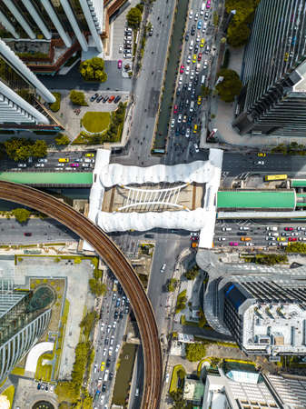 Aerial view of Skywalk Chong Nonsi Bridge in Sathorn, business district, Bangkok, Thailand