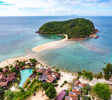 Aerial view of Mae Haad beach in koh Phangan, Surat Thani, Thailandの写真素材