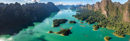 Aerial view of Khao Sok national park Cheow Lan Dam lake in Surat Thani, Thailand
