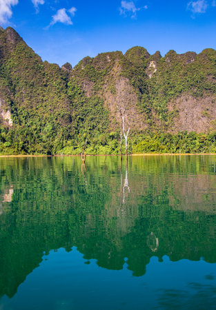 View of Khao Sok national park Cheow Lan Dam lake in Surat Thani, Thailand
