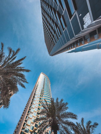 Below Skyscrapers view in Downtown Dubai, business and finance district, UAEの写真素材