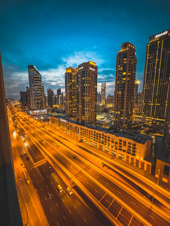 Below Skyscrapers view in Downtown Dubai, business and finance district, UAE