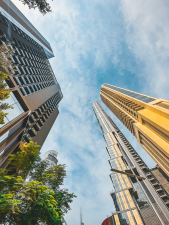 Below Skyscrapers view in Downtown Dubai, business and finance district, UAE