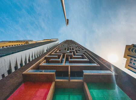 Below Skyscrapers view in Downtown Dubai, business and finance district, UAE