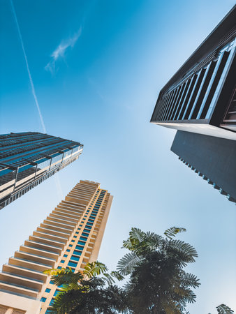 Below Skyscrapers view in Downtown Dubai, business and finance district, UAE