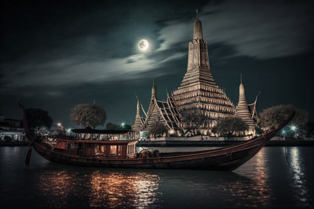 Wat Arun at night with long tail boat, in Bangkok, Thailand. Generative AIの素材