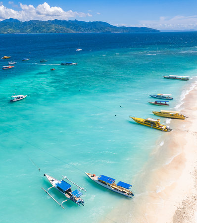 Aerial of Gili Trawangan beach in Lombok, Indonesiaの写真素材