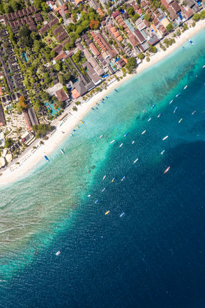 Aerial of Gili Trawangan beach in Lombok, Indonesiaの写真素材