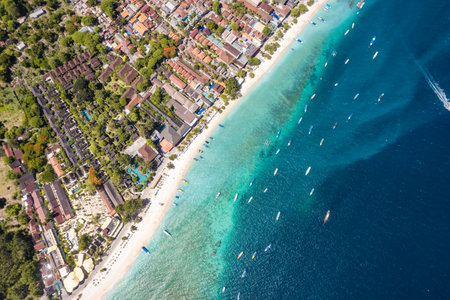 Aerial of Gili Trawangan beach in Lombok, Indonesiaの写真素材