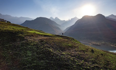 Aerial view of Cathedral Peak in Drakensberg mountains, at the Lesotho border in KwaZulu-Natal province, South Africaの写真素材