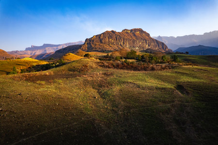 Aerial view of Cathedral Peak in Drakensberg mountains, at the Lesotho border in KwaZulu-Natal province, South Africaの写真素材