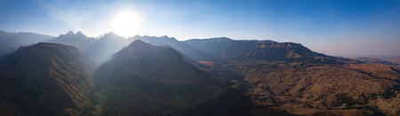 Aerial view of Cathedral Peak in Drakensberg mountains, at the Lesotho border in KwaZulu-Natal...