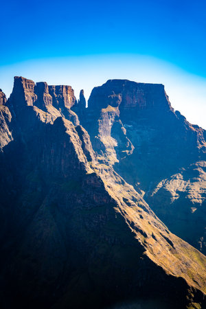 Aerial view of Cathedral Peak in Drakensberg mountains, at the Lesotho border in KwaZulu-Natal province, South Africaの写真素材