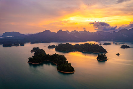 Aerial view of Khao Sok national park at sunrise, in Cheow lan lake, Surat Thani, Thailandの写真素材