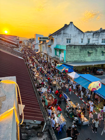 Street View of Phuket Old Town night market at sunset, in Phuket, Thailand