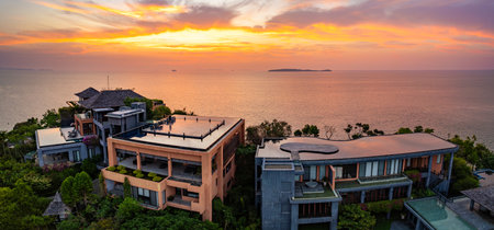 View of resort in Panwa beach at sunset, in Phuket, Thailand