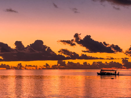 Sunset at beach resort in the Maldives, Asiaの写真素材