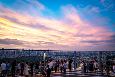 Views of Tokyo from Shibuya Sky rooftop at sunset, in Shibuya, Tokyo, Japanの写真素材