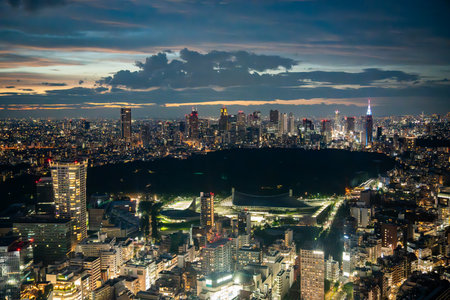 Views of Tokyo from Shibuya Sky rooftop at sunset, in Shibuya, Tokyo, Japanの写真素材