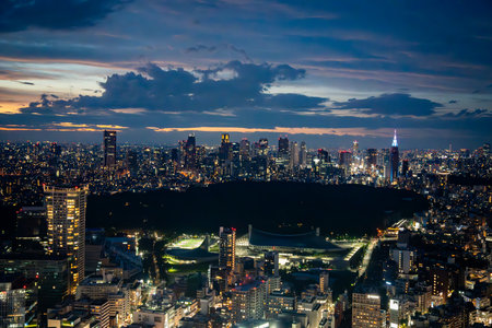 Views of Tokyo from Shibuya Sky rooftop at sunset, in Shibuya, Tokyo, Japanの写真素材