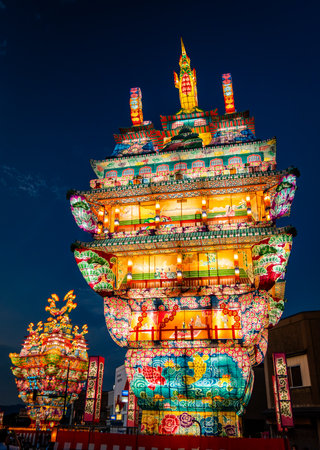 Noshiro Tenku no Fuyajo Tanabata Festival Lantern Castles in the Sky in Noshiro , Akita, Japanの写真素材