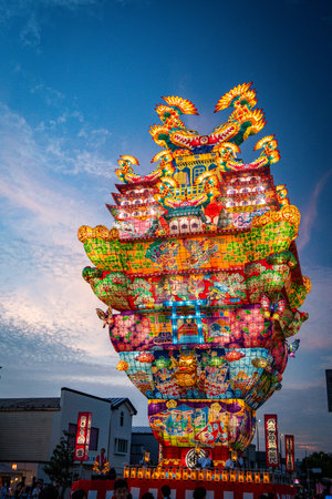 Noshiro Tenku no Fuyajo Tanabata Festival Lantern Castles in the Sky in Noshiro , Akita, Japanの写真素材
