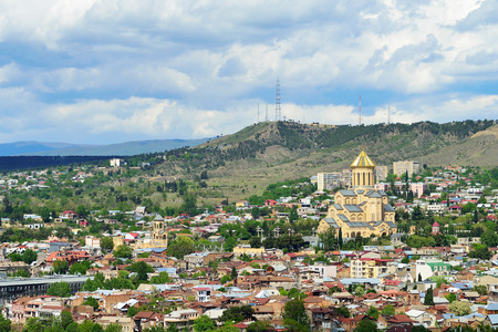 View of the city of Tbilisi and the main temple Sameba.
