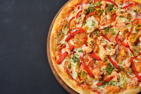 Pizza Tacchini on the chalk board with copy spaceの写真素材