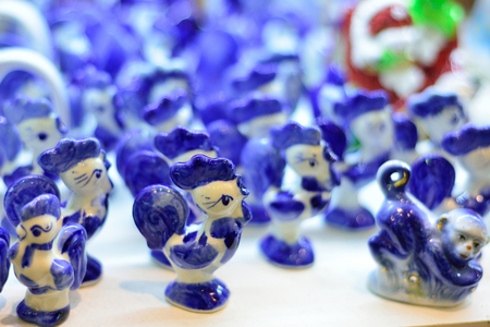Russian traditional souvenirs, ceramic figurines of animals, gzhel.の写真素材