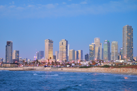 TEL AVIV, ISRAEL - APRIL, 2017: TEL AVIV, ISRAEL - APRIL, 2017: Evening view of the skyscrapers of Tel Aviv from the Mediterranean Sea.のeditorial素材