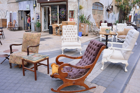 TEL AVIV, ISRAEL - APRIL, 2017:  Flea market in the old city of Jaffa Tel Aviv. Old furniture, second hand, souvenirs and art objects.のeditorial素材