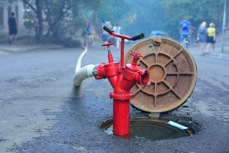 ROSTOV-ON-DON, RUSSIA - AUGUST 21, 2017: fire hydrant involved in extinguishing the biggest fire in the city.のeditorial素材