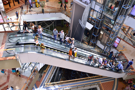 TEL AVIV, ISRAEL- APRIL, 2017: People visits shopping centre in Azrieli Center complex of three skyscrapers in Tel Avivのeditorial素材
