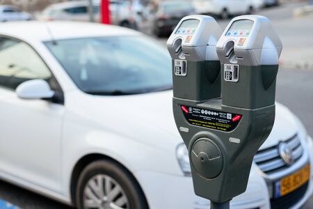 JERUSALEM, ISRAEL - APRIL 2017: Car and parking machine with electronic payment at Jerusalem parkingのeditorial素材