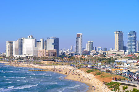 TEL AVIV, ISRAEL- APRIL, 2017: View of the skyscrapers of Tel Aviv from the Mediterranean Sea.のeditorial素材