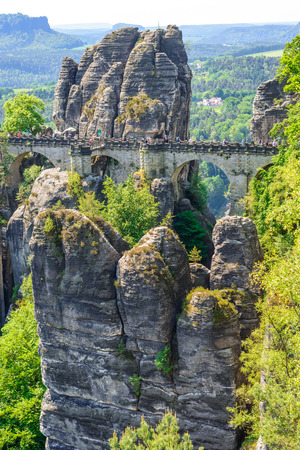Bastei bridge in Saxon Switzerland in spring, Germanyの写真素材